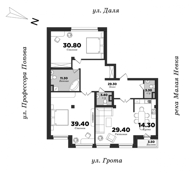 Дом на улице Грота, Корпус 1, 2 спальни, 161 м² | планировка элитных квартир Санкт-Петербурга | М16